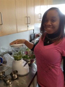blending the basil for the pesto